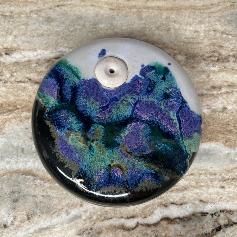 Stoneware Stick Incense Holder Stick Purple Green Blue Glaze Handmade Signed